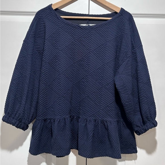 Anthropologie Tops - Maeve Womens Navy Blue Thick Embossed Peplum 3/4 Sleeve
Scoop Neck Top Size M